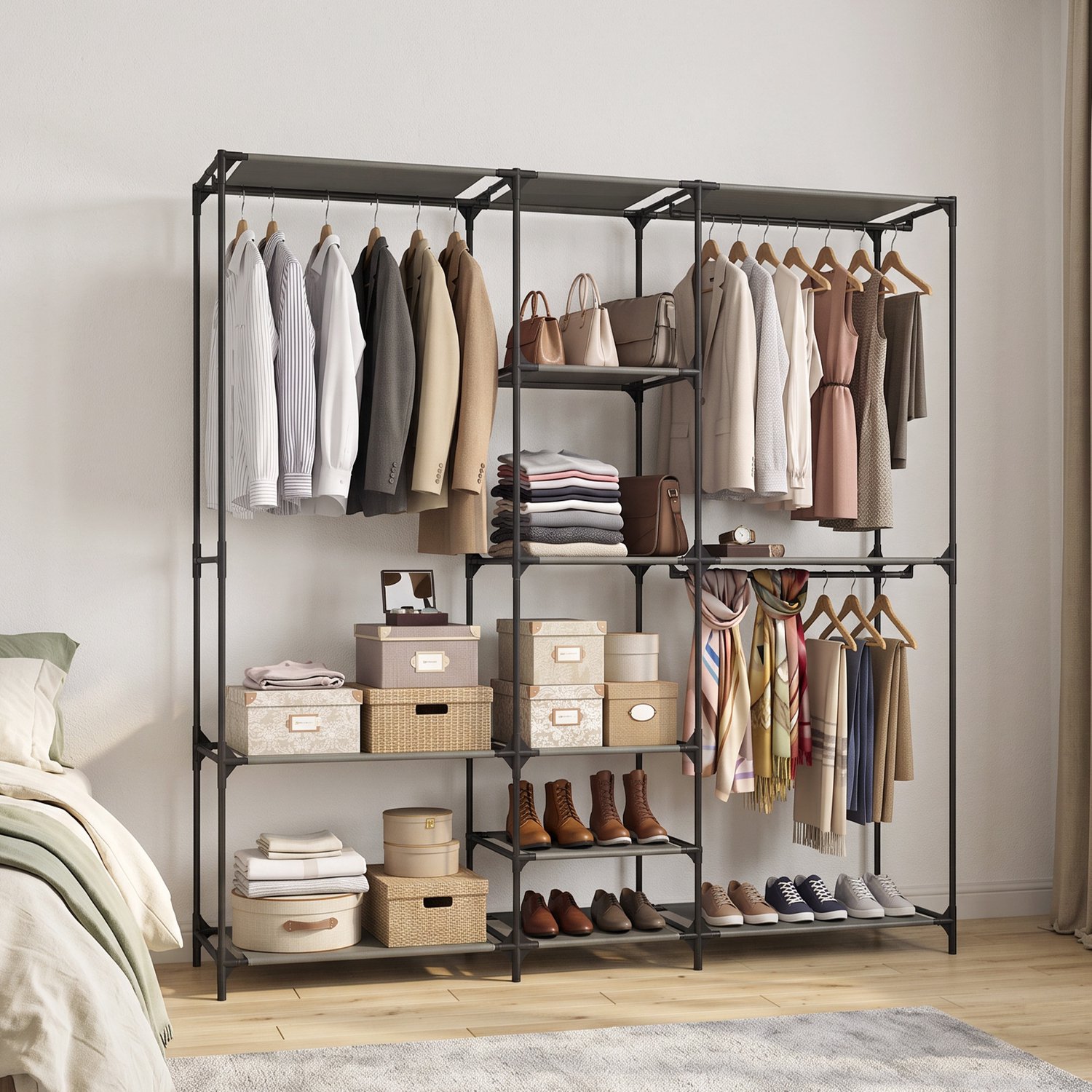 TEKROA® Kledingkast – Stoffen kledingkast - verplaatsbaar - montage zonder gereedschap - met 3 kledingroedes en 5 legplanken - 182 x 43 x 182 cm - zwart