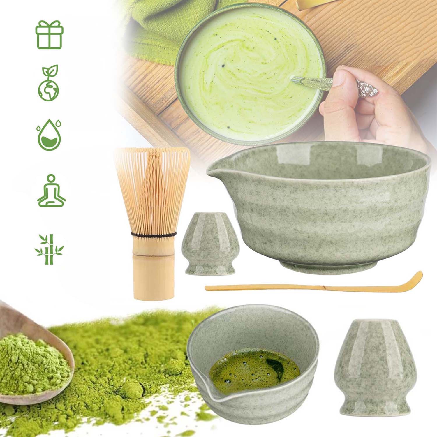 4-Delige Matcha Set, Met Garde en Kom, Matchalepel, Gardehouder, Cadeau Voor Een Matcha-Liefhebber.