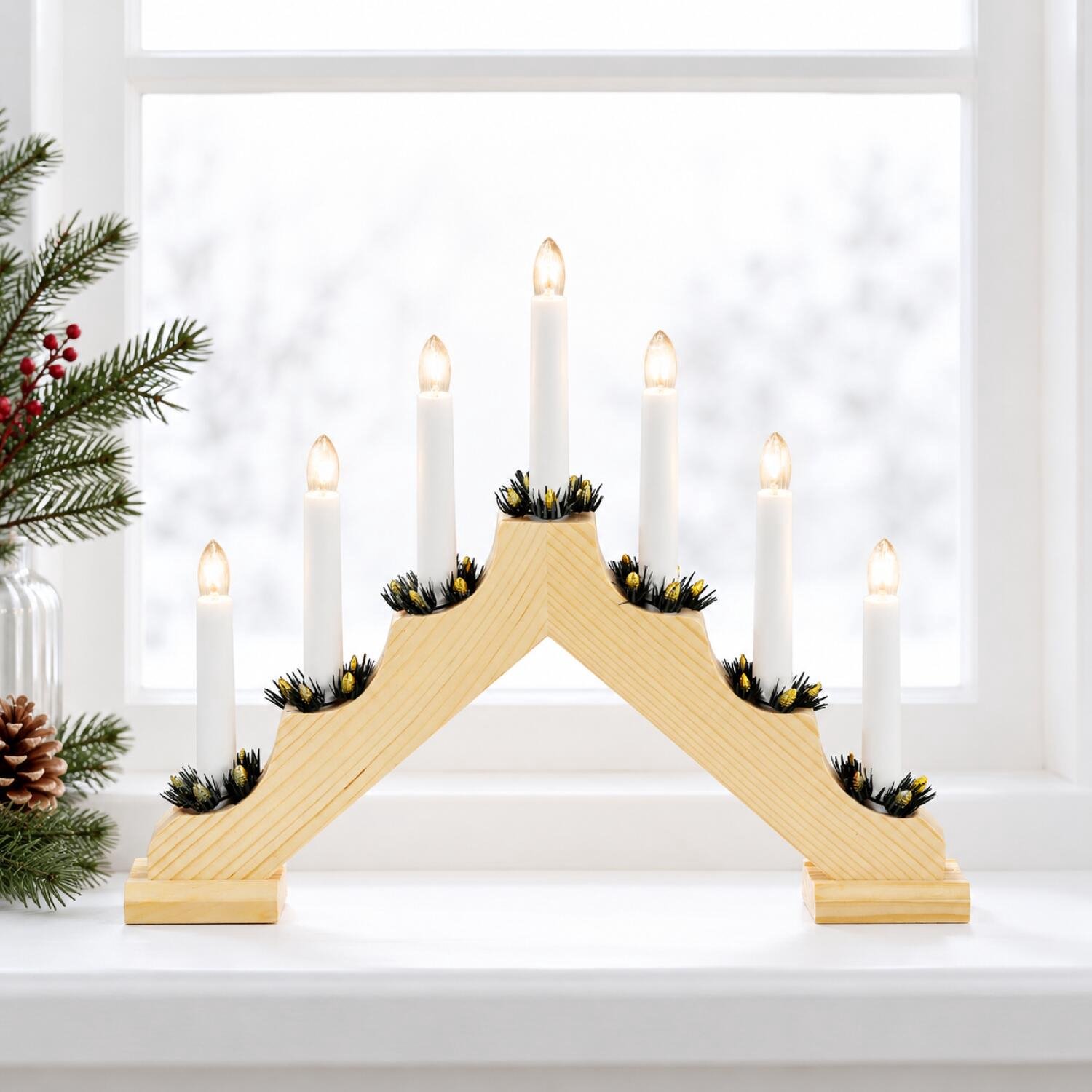 Konstsmide Kaarsenbrug - 2x - naturel - hout - met LED verlichting - 7 led lampjes - 38 x 30 x 5,5 cm - kandelaar - kerstkandelaar – foto 5