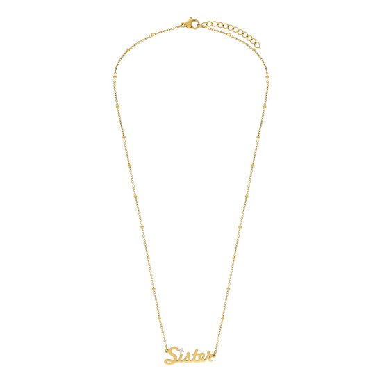 Goudkleurige ketting met kleine bolletjes en een hanger met het woord 'Sister' en een kleine zirkonia.