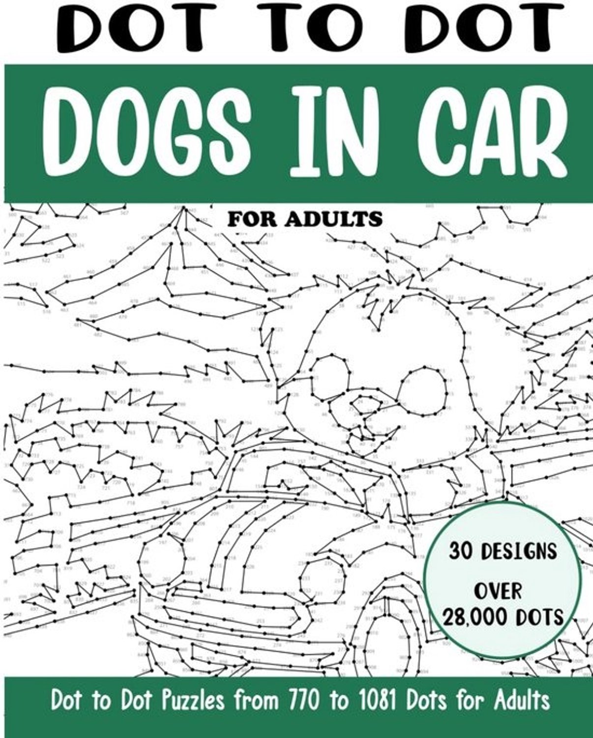 Lastige connect-the-dots puzzels voor volwassenen: honden in auto's met duizenden punten