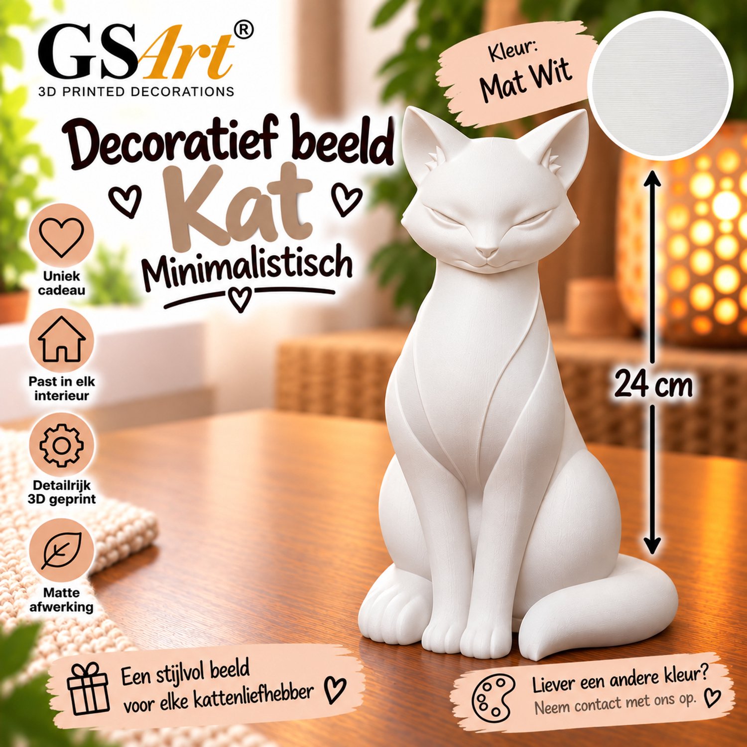 GSArt Decoratief Beeld Kat Minimalistisch 24 cm – 3D Geprint – Mat Wit