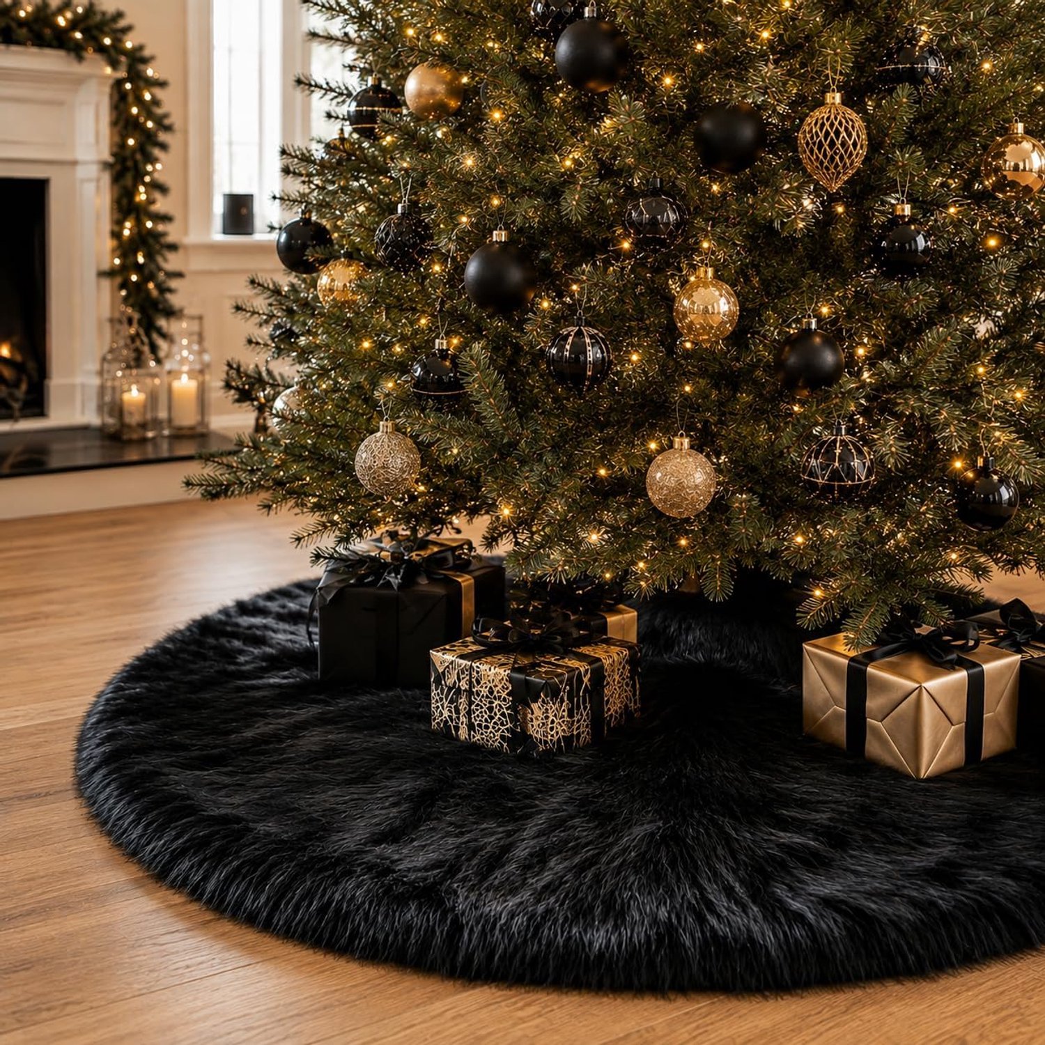 24 inch zwarte nepbont kerstboomrok – fluwelen Halloween- en kerstboomversiering, geschikt voor kerstbomen, feestdagen en huisdecoratie