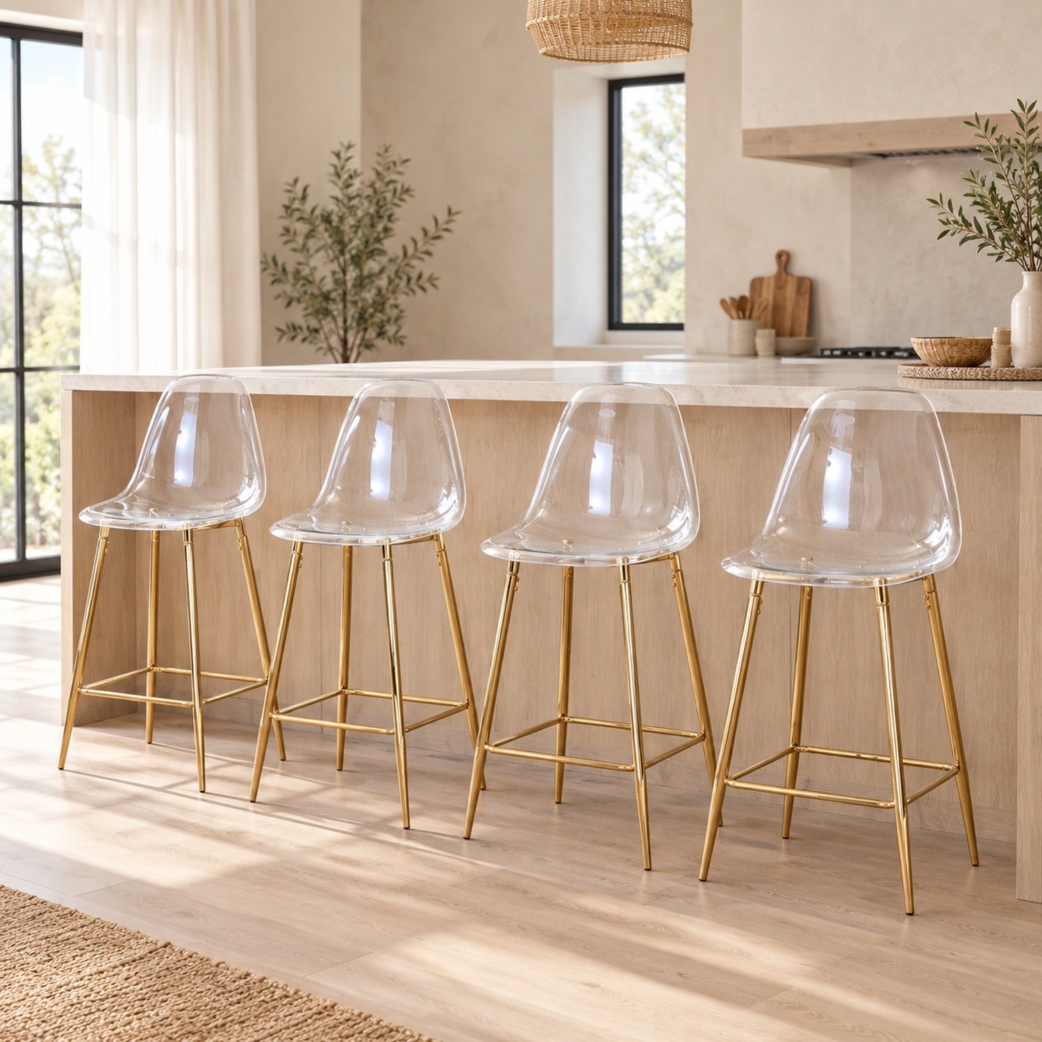 CHICFURN Barkruk - Set van 4 - Transparante zitting - Met rugleuning - Goud Gold