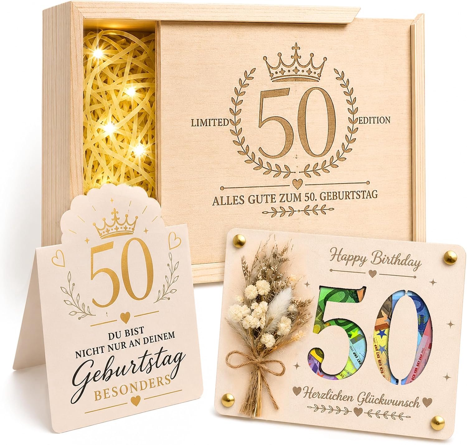 Geldgeschenken 50e verjaardag - Houten verpakking - Gelframe met gedroogde bloemen - ServiceTopper