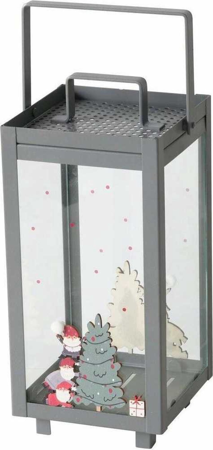 Boltze kerstlantaarn Monti - metaal, grijs met kerstpatroon, 23 cm, variant 2