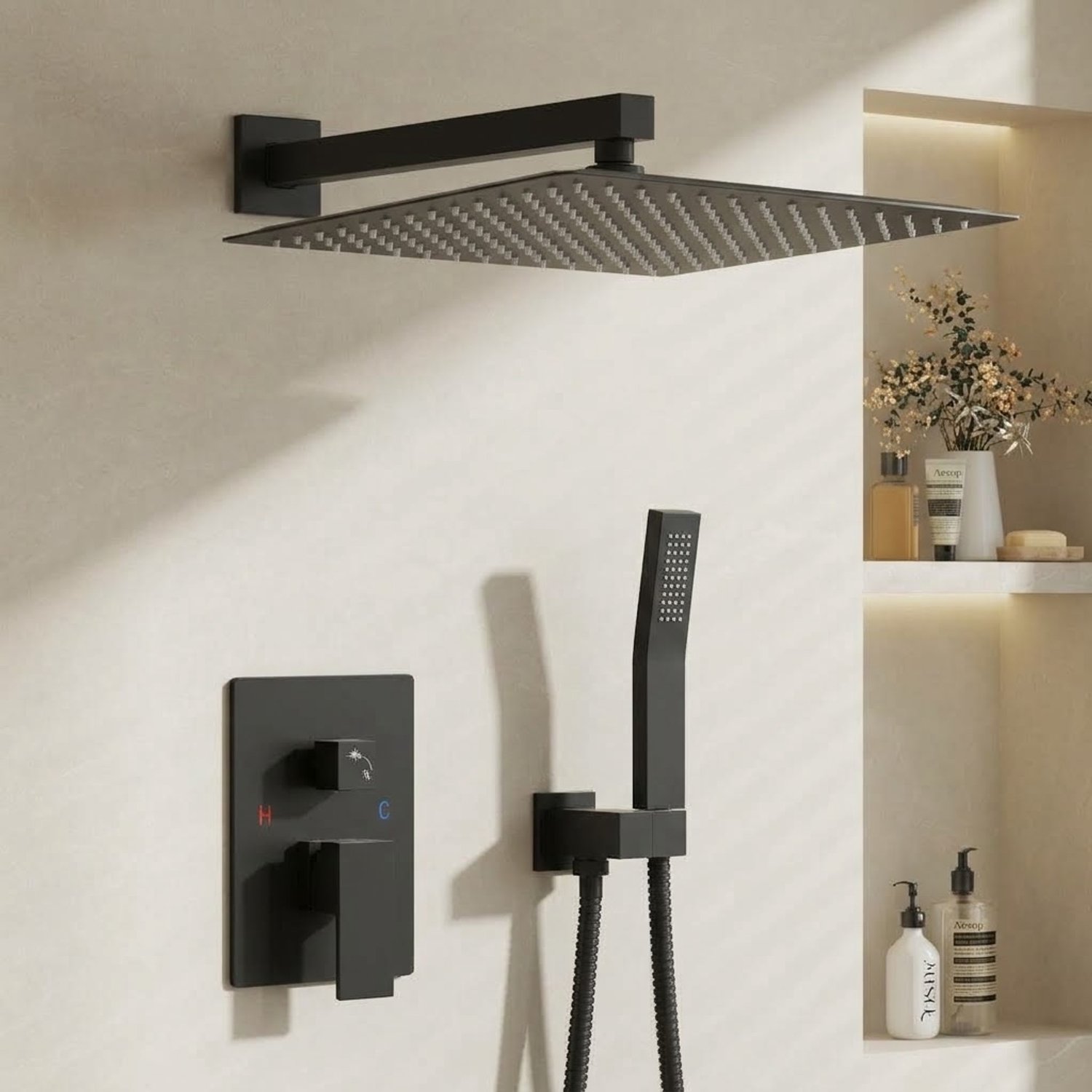Auralum Max Inbouw Douchesysteem - Inbouw - Koper - 30cm - Vierkant Doucheset -Met Mengkraan Box – 2 Functies RVS Regendouche - Handdouche - Complete Regendoucheset - Mat Zwart