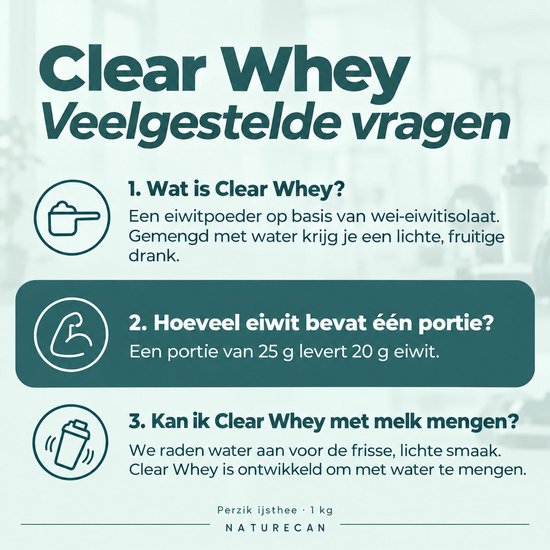 Veelgestelde vragen over Clear Whey: eiwitisolaat, 20g eiwit per portie, alleen mengen met water.