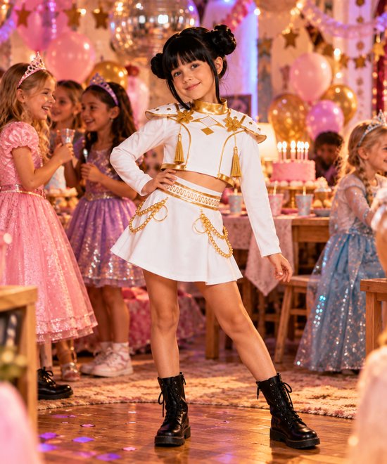 Meisje in wit en goud K-pop kostuum met schouderstukken, gouden kettingen en zwarte laarzen.