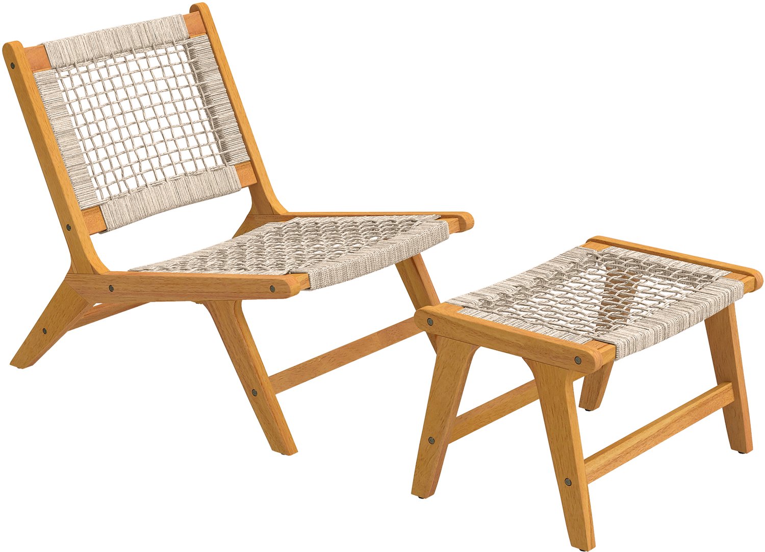 Sunona Loungestoel met voetenbank - 2-delig - Van acaciahout en PP-rotan - 60 x 83 x 73,5 cm - Natuurlijk hout en beige