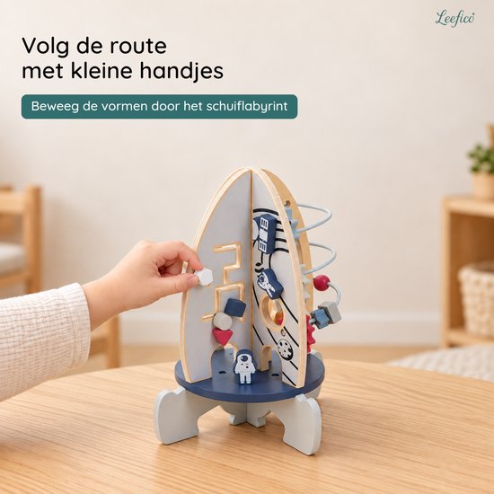 Leefico Activiteiten Kubus Raket- Montessori Speelgoed voor Baby - Sensorisch Educatief Kinderspeelgoed 1 jaar - Houten Speelgoed voor Peuters - Blauw — afbeelding 4