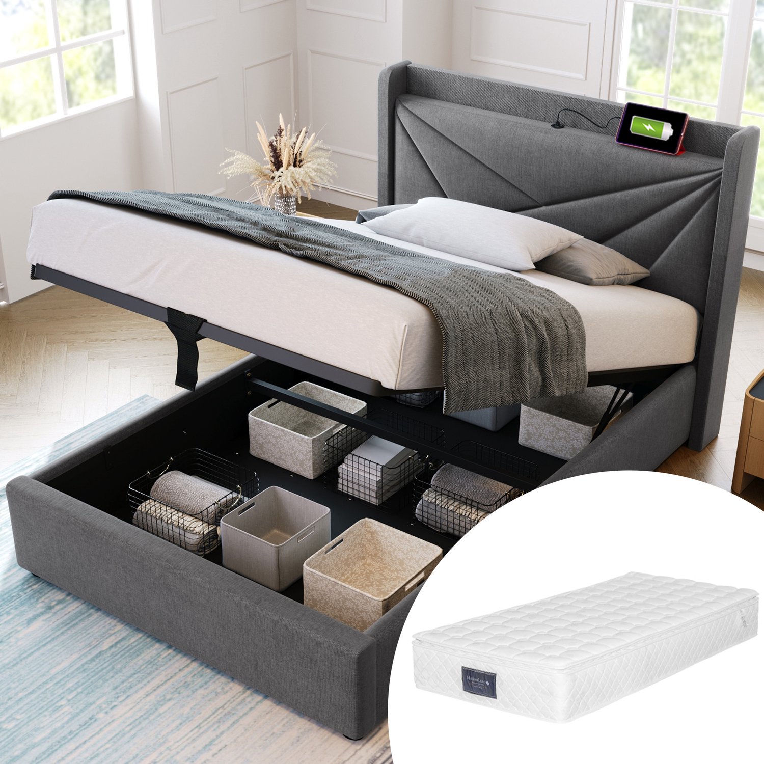 Vovtenza Gestoffeerd bed - eenpersoonsbed met opbergruimte - bedbox met USB Type-C oplaadfunctie - hoofdbord - bedden met opbergruimte - bedframe van linnen - kinderbed 90x200 met lattenbodem (inclusief matras) grijs