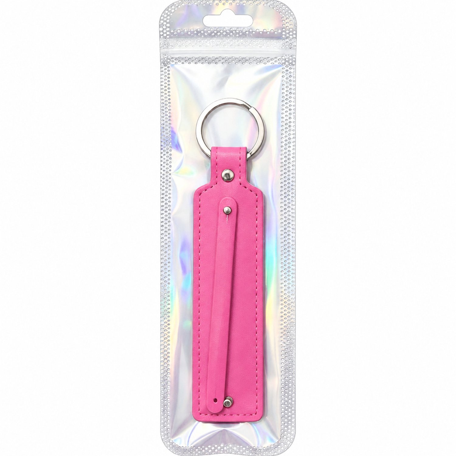 Sleutelhanger fuchsia van PU-imitatieleer met ronde sleutelring en langwerpige hanger, individueel verpakt in holografisch zakje