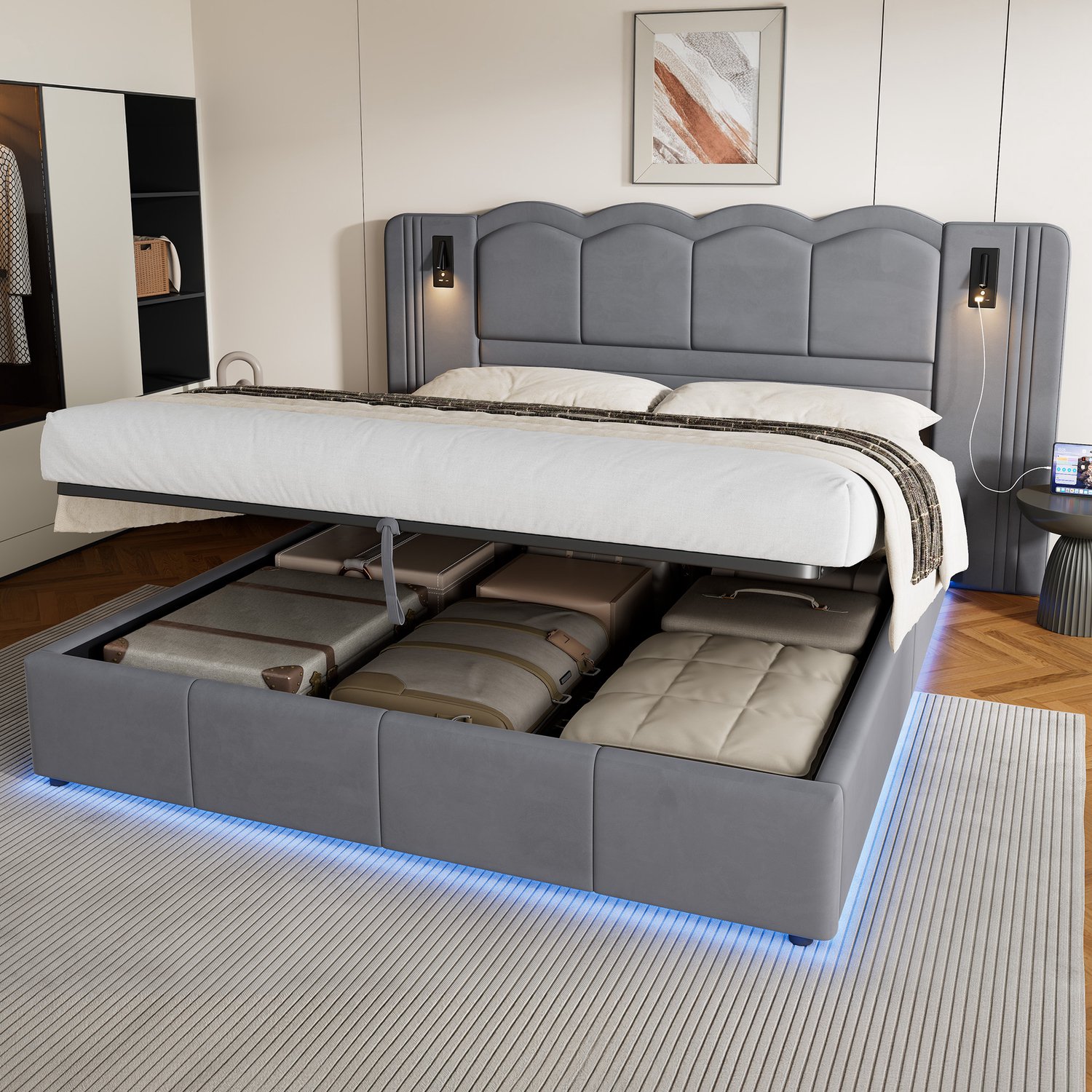 OKWISH Gestoffeerd Bed 180x200cm - Ledverlichting met Leeslampen en USB-Aansluitingen - Hydraulische Opbergruimte - Fluweel - Zonder Matras - Donkergrijs