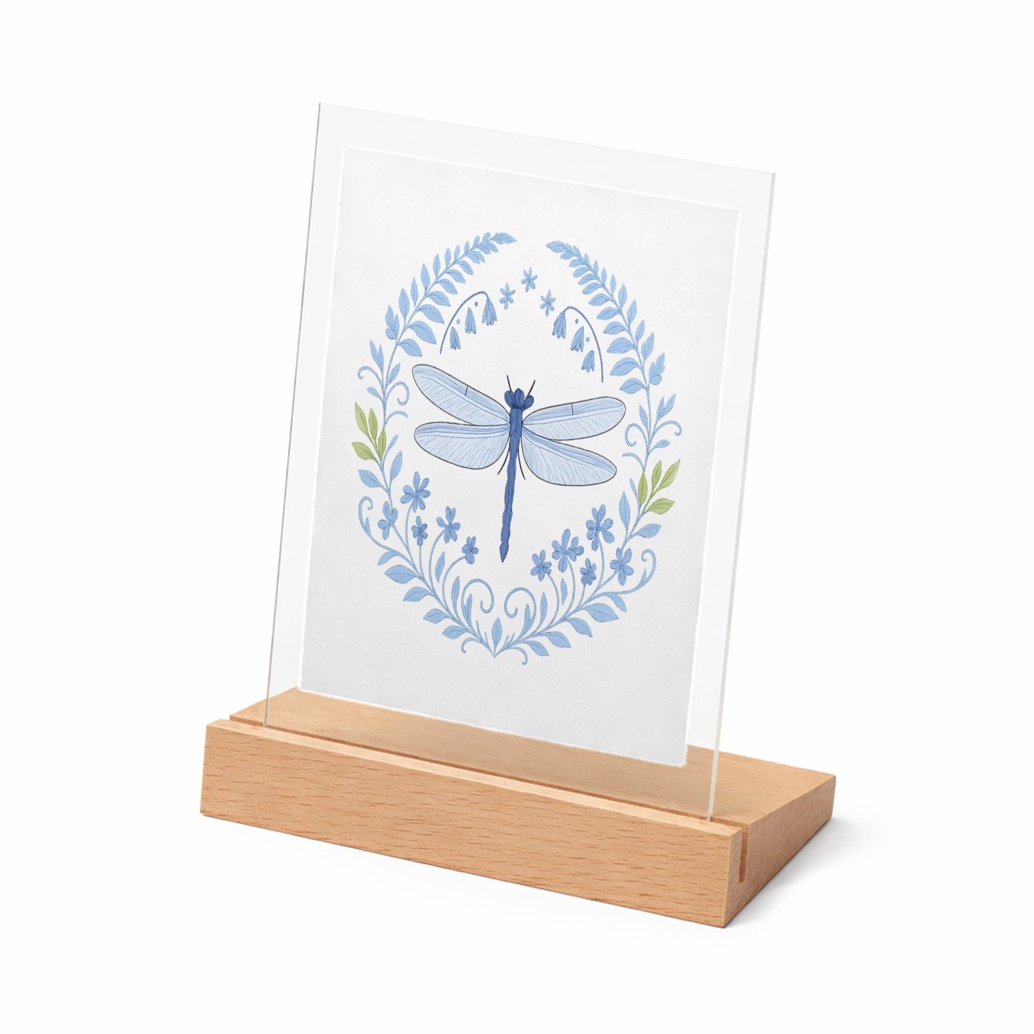 Mr Cadeautjes Glasframe met vaste tekst - design Serene bosrand met libellen en varens in een verfijnd blauw| cadeau Wit