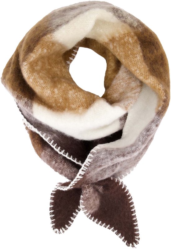 Driehoekige Zusss sjaal in grijs, hazelnoot en donkerchocolade met witte sierstiksel langs de randen.