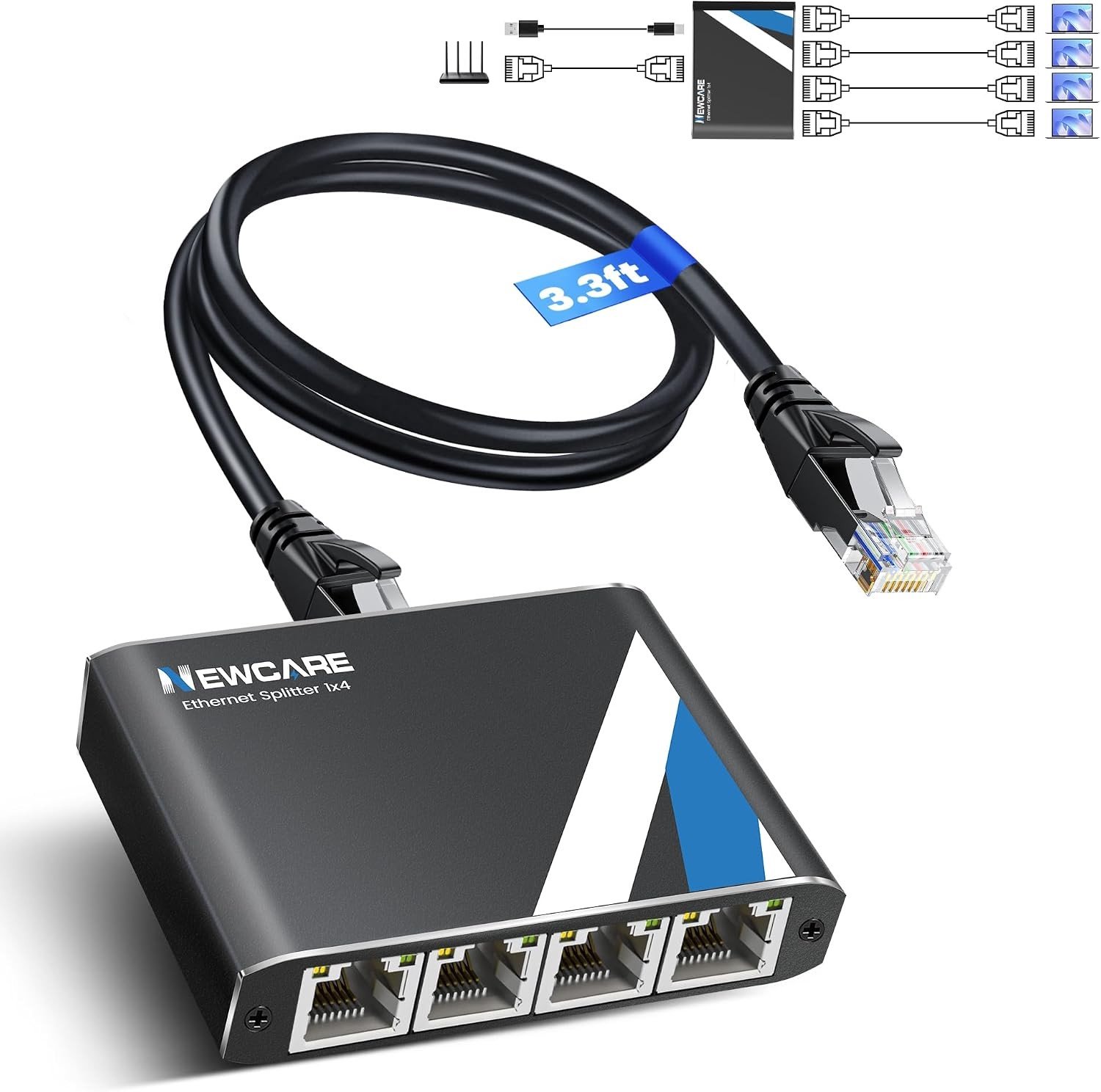 LAN-splitter 1 op 4 - Zwart - 1 m - Aluminium - Voor Thuis en Kantoor