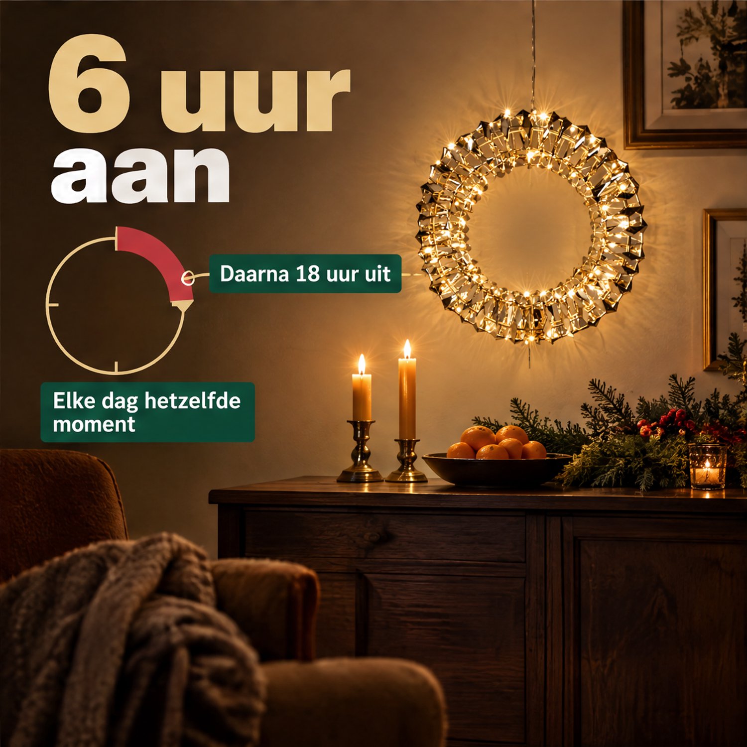 Levano Kerstkrans met Verlichting Goud - 50 LED - Kerstverlichting op Batterij - Kerstdecoratie voor Binnen - Kerstlampjes met Timer - Kerstverlichting Raam - Lichtkrans - LED Krans - Warm Wit - Gouden Krans - Deurkrans - Raamkrans - Kerstring – foto 6