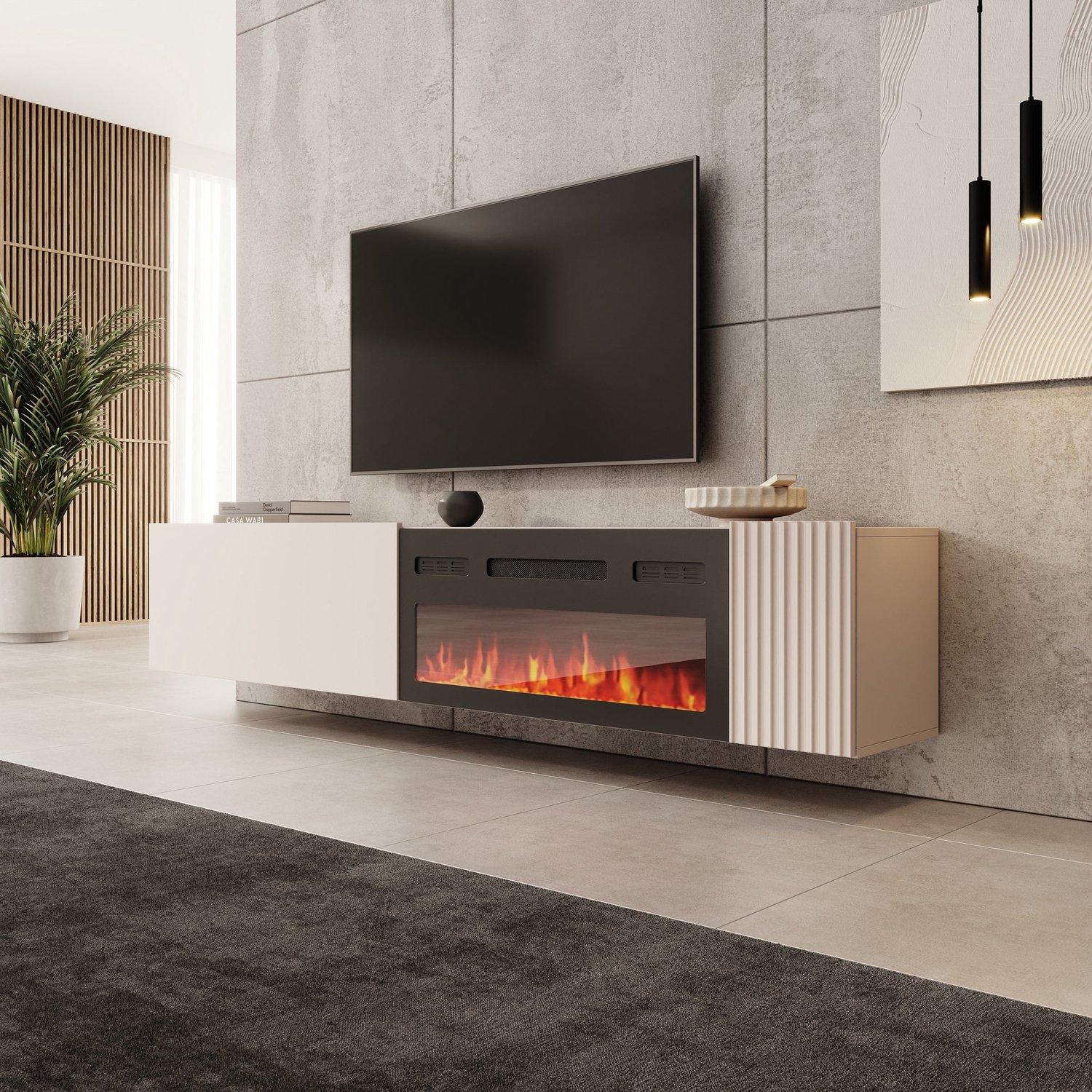 MEUBELLA Cruzar - TV-Meubel met sfeerhaard - Beige - 200 cm