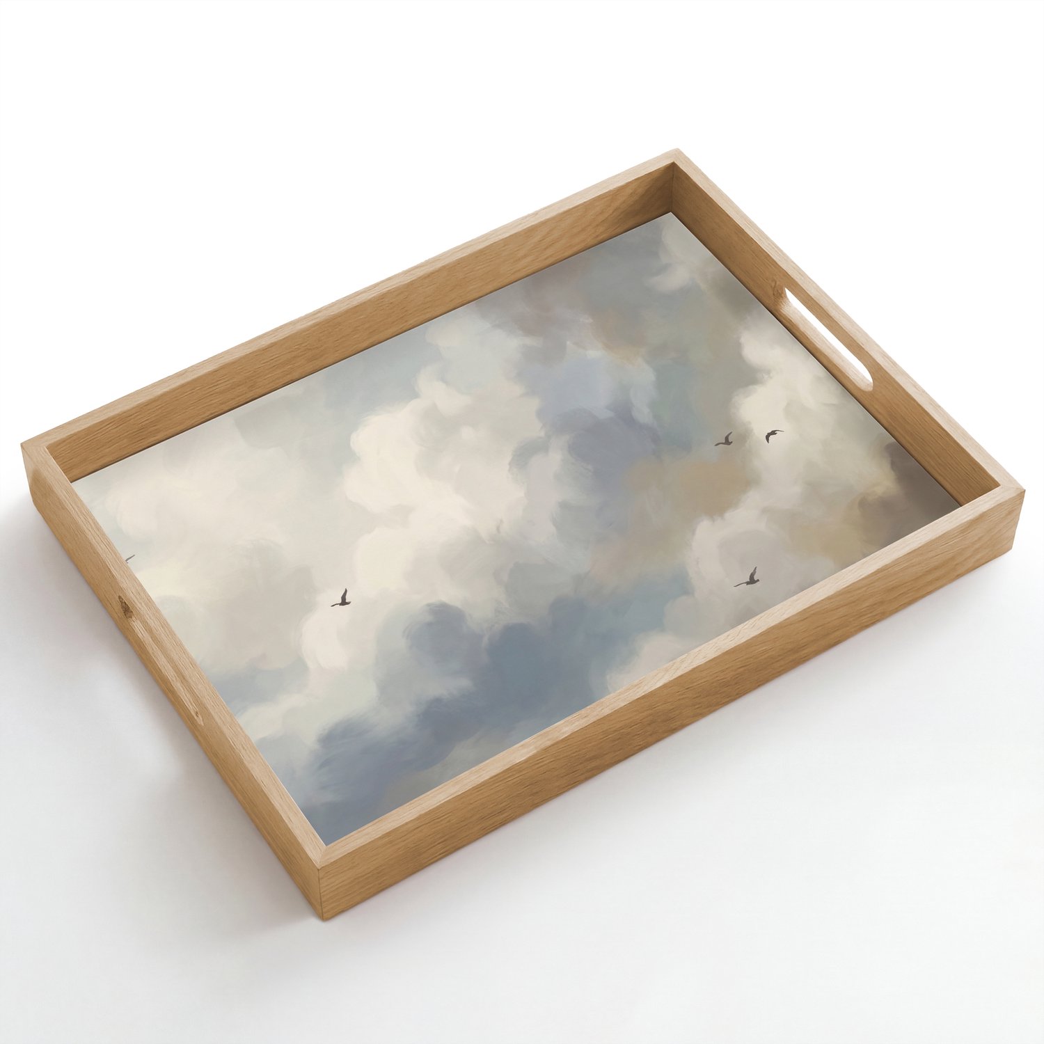 Dienblad hout 50x35 cm - Schootdienblad - Vogel - Wolken - Natuur - Modern - Grijs - Borrelplank rechthoek - Plateau dienbladen