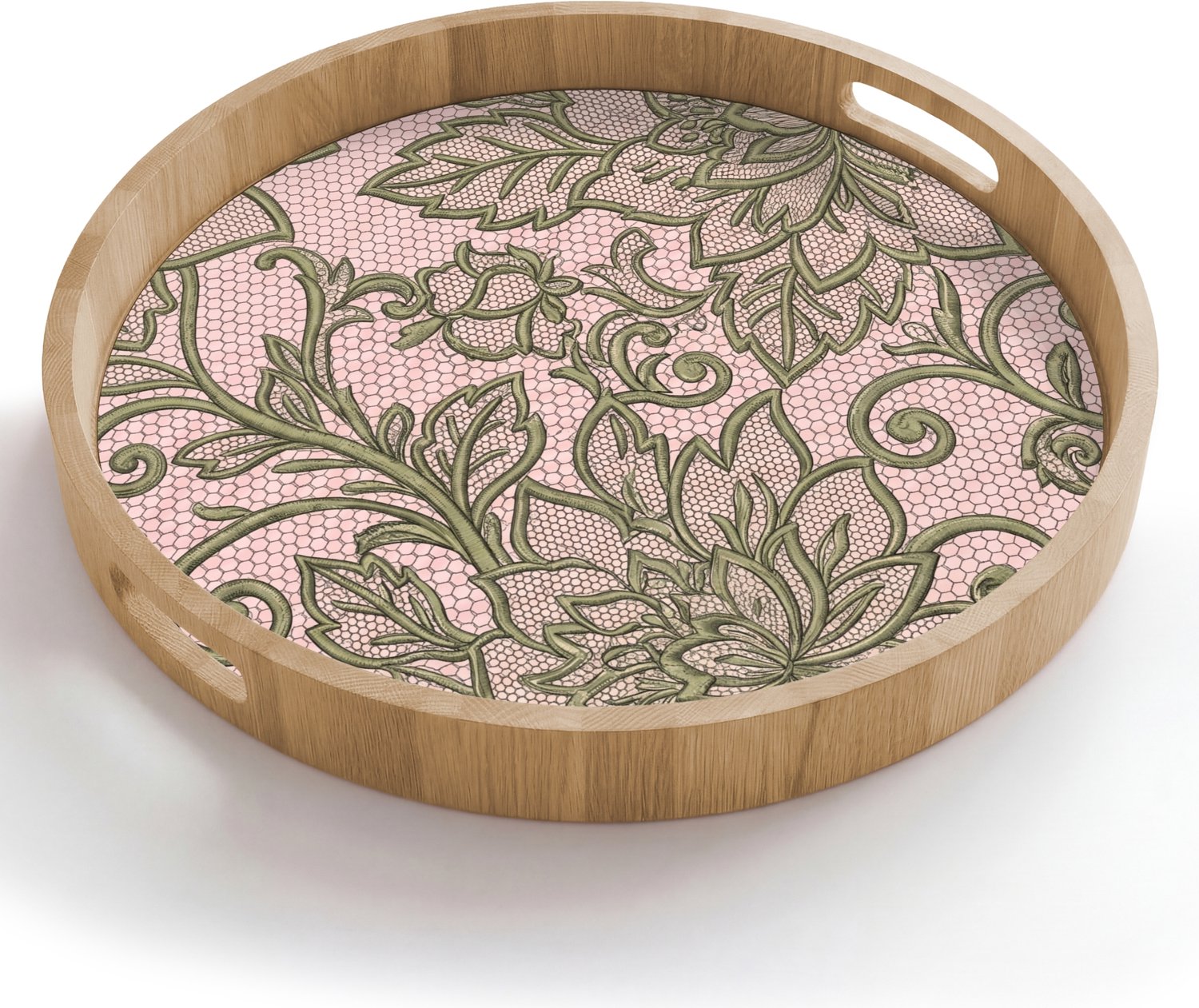 Dienblad rond 50x50 cm - Schootdienblad hout - Bloemen - Kant - Patroon - Klassiek - Groen - Borrelplank rechthoek - Plateau houten dienbladen