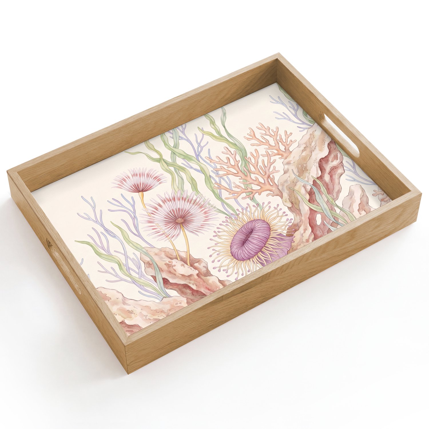 Dienblad hout 40x30 cm - Schootdienblad - Zeeleven - Koraal - Onderwater - Illustratie - Kleurrijk - Borrelplank rechthoek - Plateau dienbladen