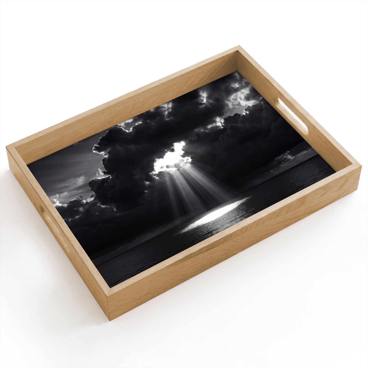 Dienblad hout 40x30 cm - Schootdienblad - Licht - Wolken - Zee - Zwart-wit - Natuur - Borrelplank rechthoek - Plateau dienbladen