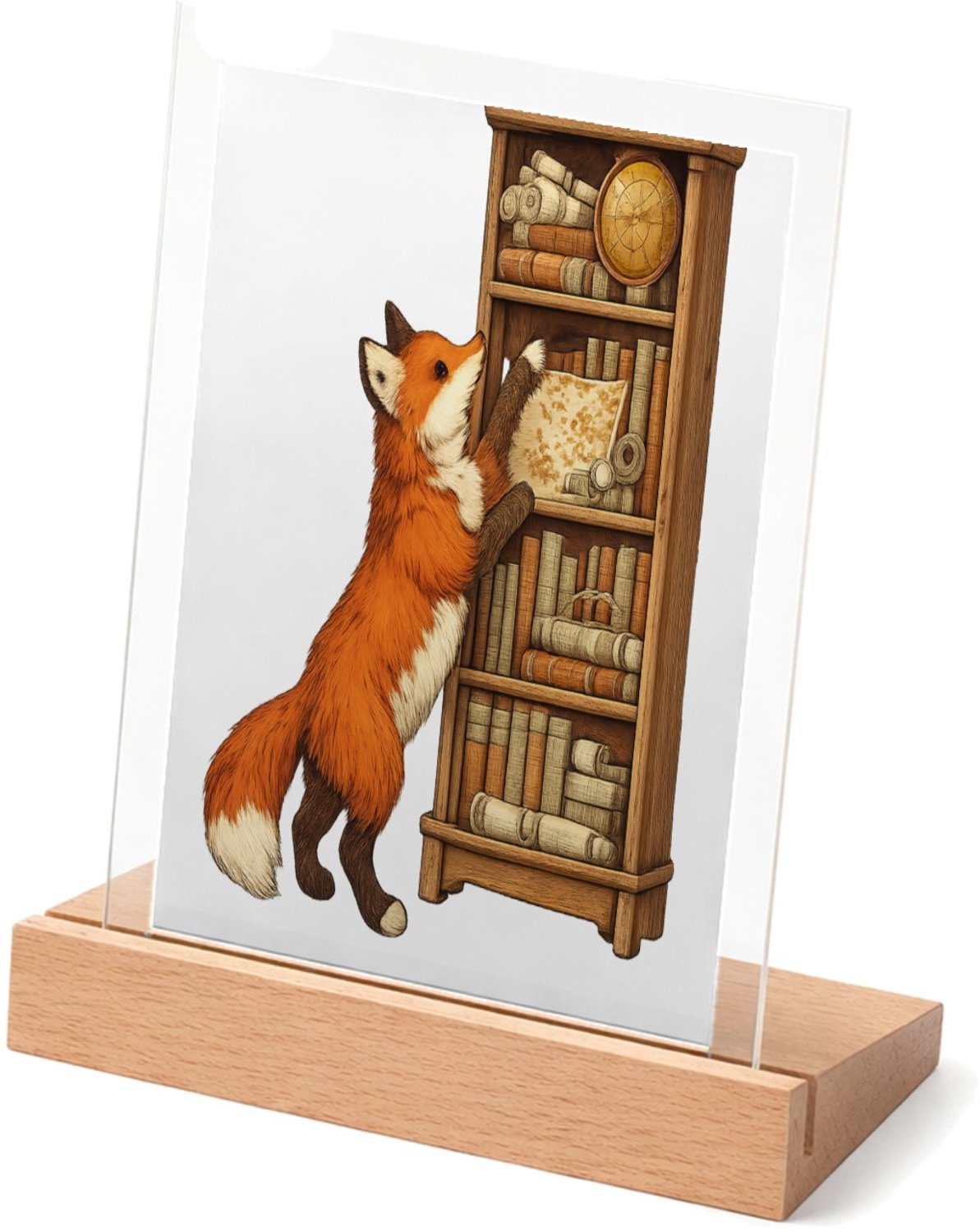 Mr Cadeautjes Glasframe met vaste tekst - design Een nieuwsgierige vos die tussen stapels oude kaarten en boe | cadeau Wit