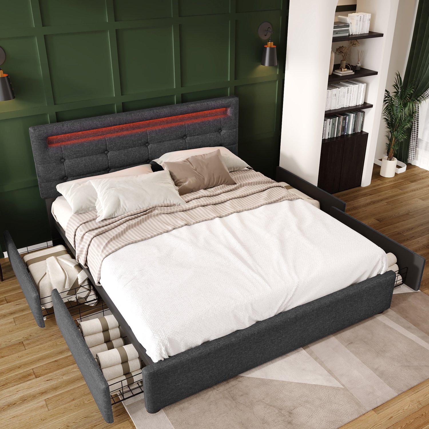 MUVANO Bedframe met led-verlichting en 4 laden - Tweepersoonsbed met matras - Linnen en houten lattenbodem - 140x200 cm - Voor slaapkamer - Grijs