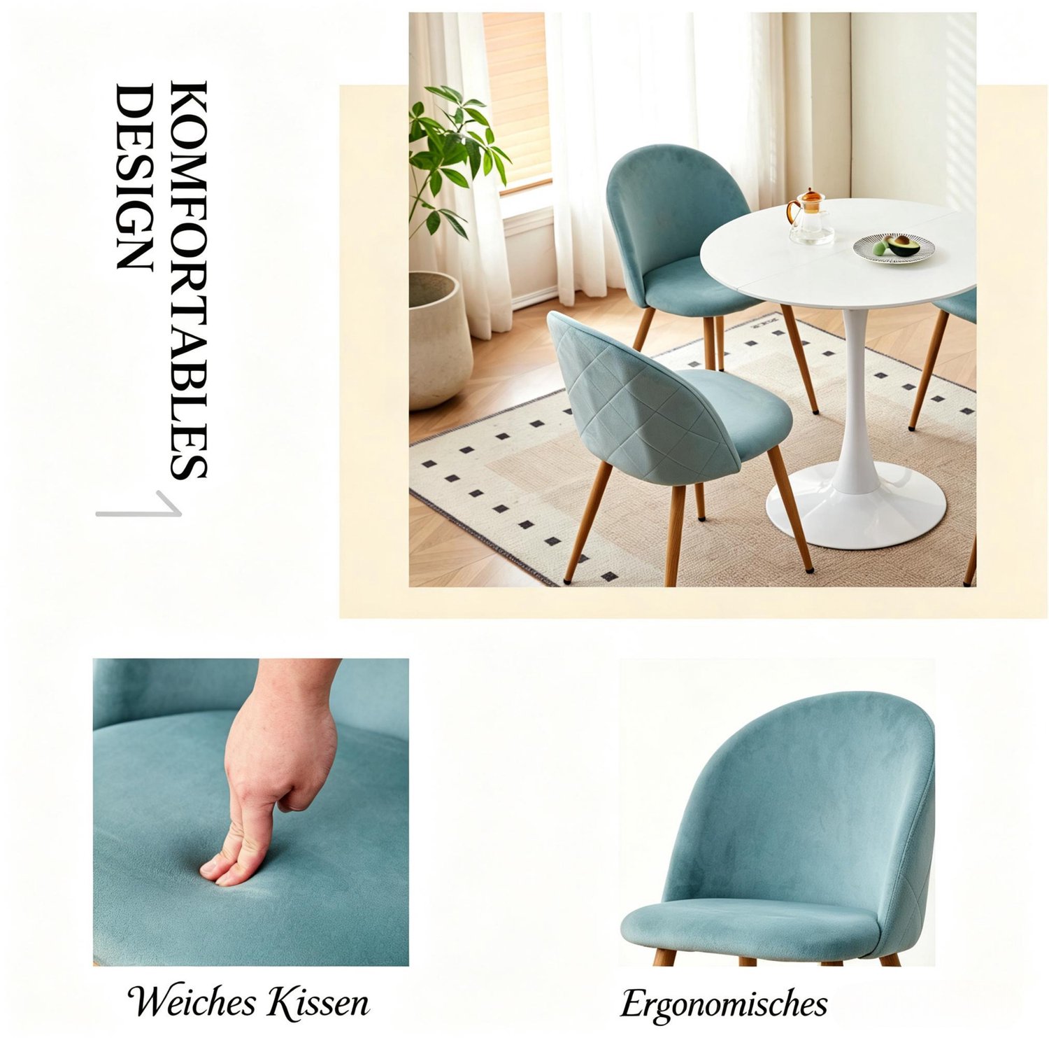 OKWISH Eetkamerstoelen 80 x 47,5 x 43 cm - Set van 6 met Gebogen Rugleuning en Zachte Zitting - Voor Eetkamer en Keuken - Fluweel - Blauwgroen Teal