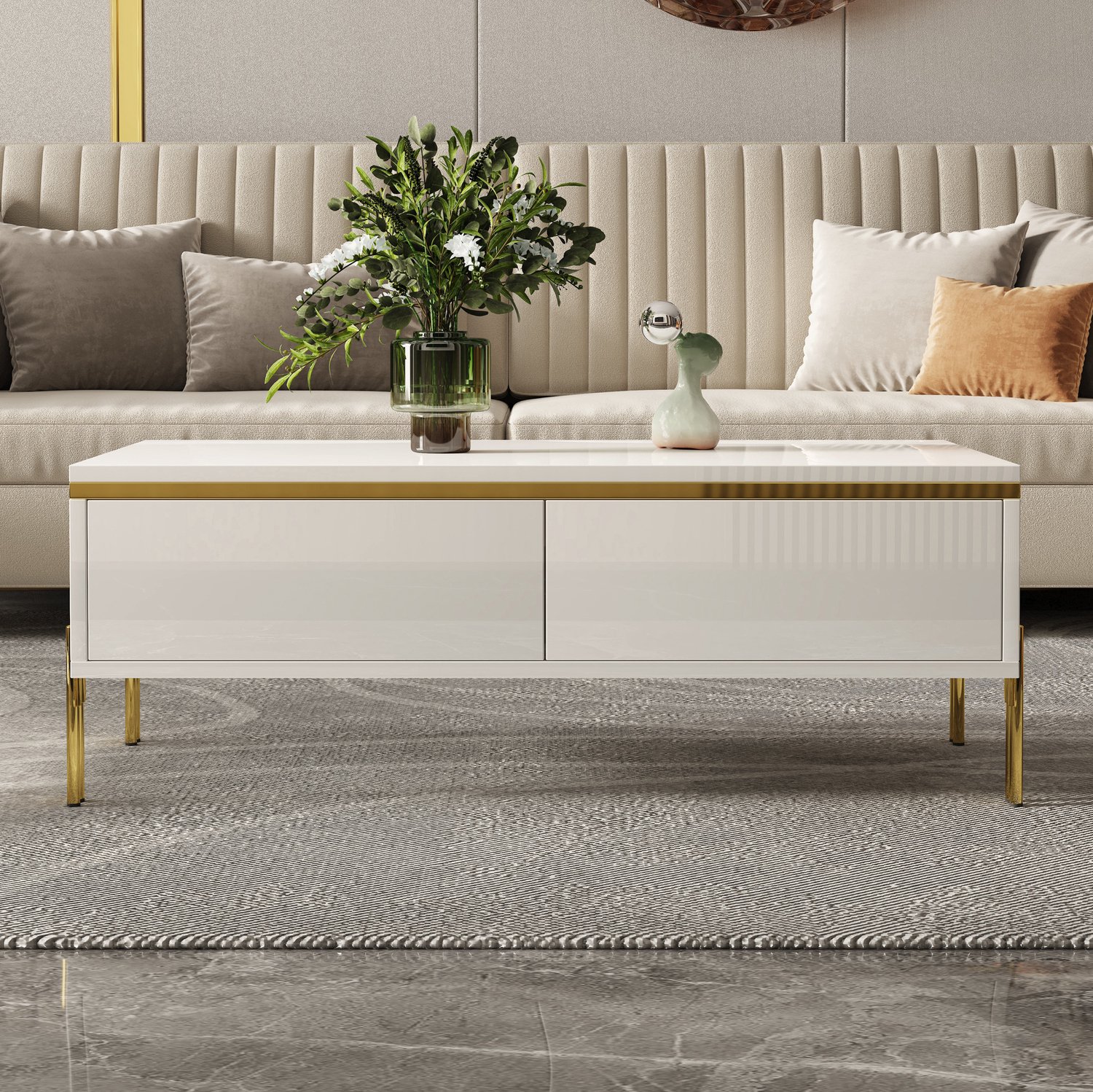 Maisentiel Salontafel 100 x 50 x 36 cm met 2 verborgen laden, hoogglans spaanplaat wit