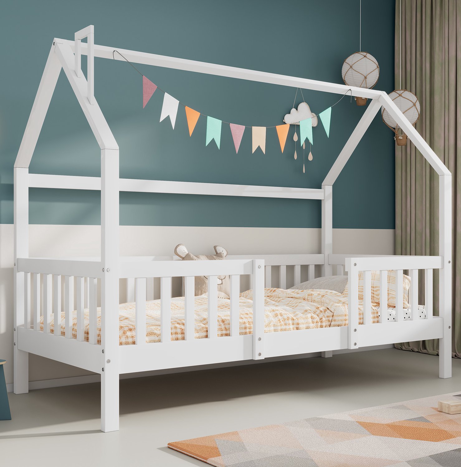 Maisentiel Kinderhuisbed 90x200 cm met lattenbodem en hekwerk - hout - wit