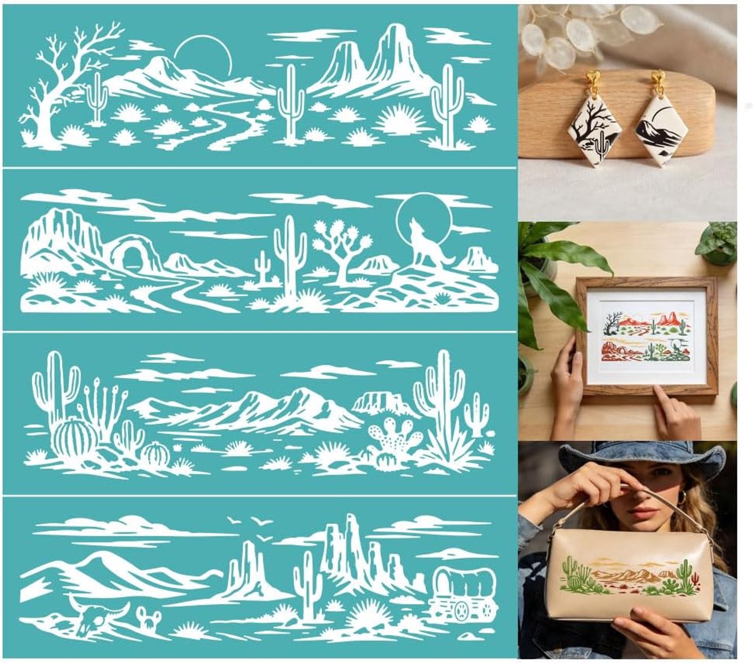Zeefdruksjablonen woestijnlandschap - 2 vellen zelfklevend - cactus en coyote motief - perfect voor schilderprojecten - ShopVlot
