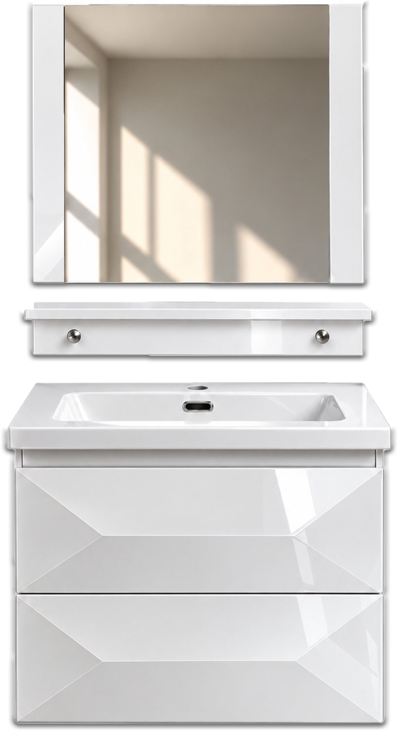 Faizee Home Miran Badkamermeubelset 60 cm Wit Hoogglans met keramische wastafel, spiegel en Soft-Close