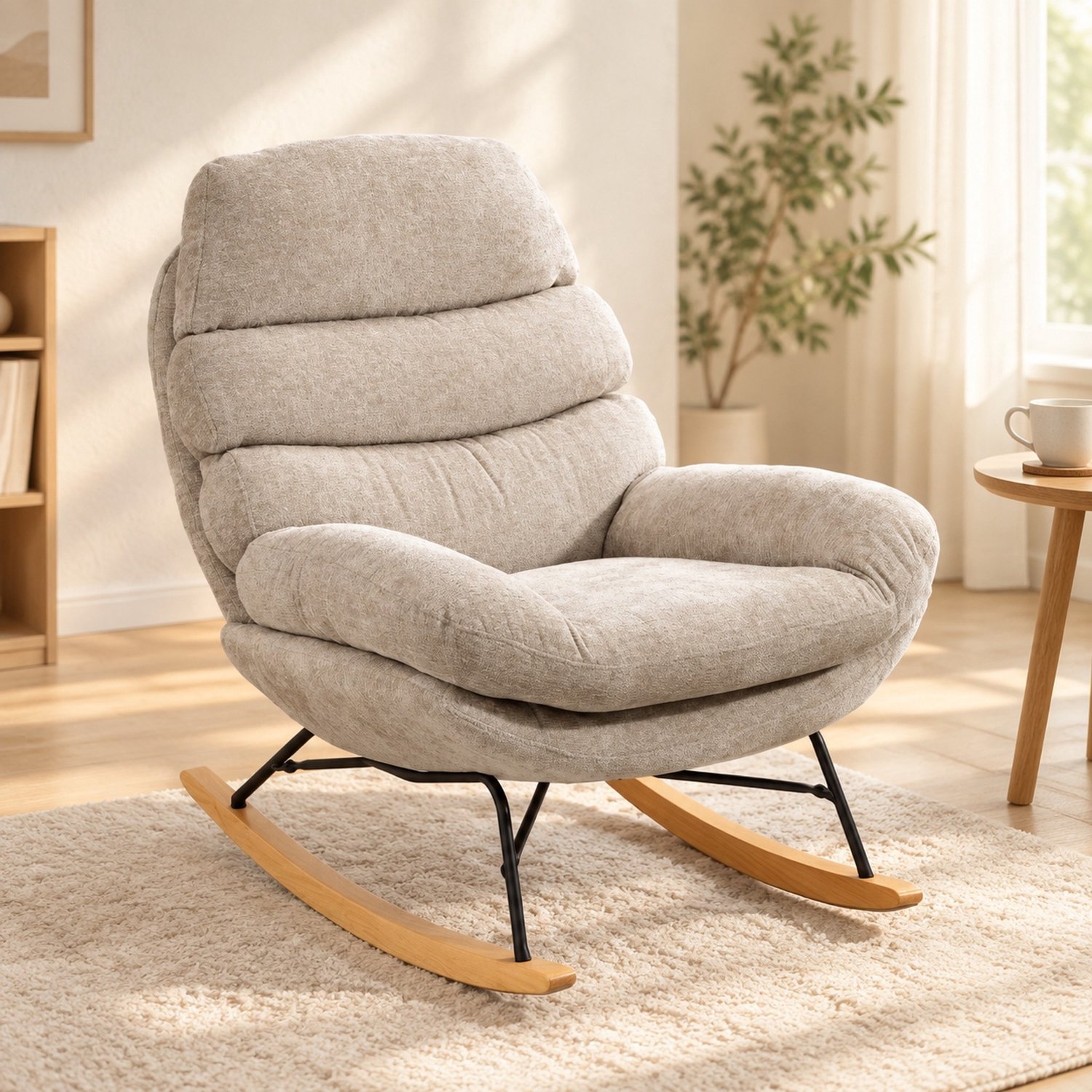 CHICFURN Schommelstoel - Gewatteerd - Houten Kufen - Crèmewit