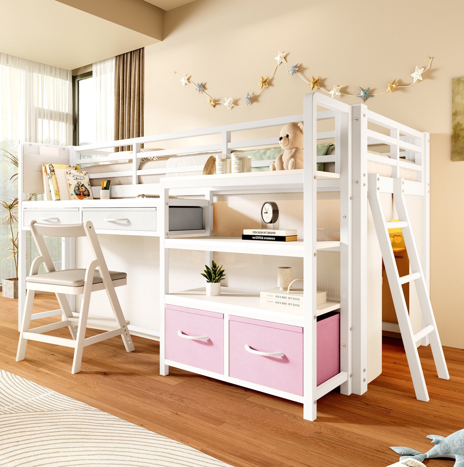 MIVRAY Hoogslaper 90 x 200 cm - Met Bureau, Opbergruimte, Stoffen Laden en Ledverlichting - Kinderkamer - Metaal en MDF - Wit - Zonder Matras