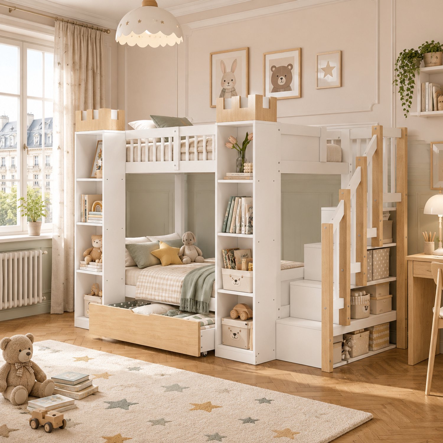 MODENUIT Stapelbed Met Opbergtrap – 253 x 118 x 186,5 cm – Hout en MDF – Wit – Kasteelontwerp met Lades