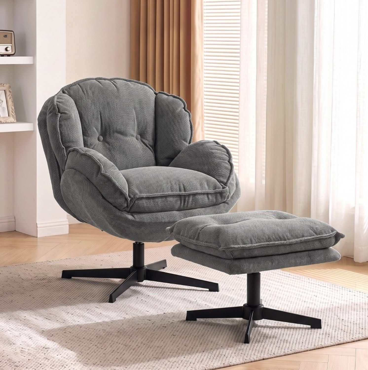 OKWISH Relaxfauteuil 360 Graden Draaibaar - Met Verstelbare Hocker en Dikke Vulling - Voor Woonkamer en Leeshoek - Chenille - Grijs