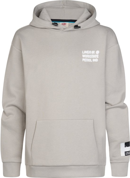 Grijze hoodie met capuchon, kangoeroezak en witte 'LINE/0 09. WORKSTATE PETROL IND' borstprint.