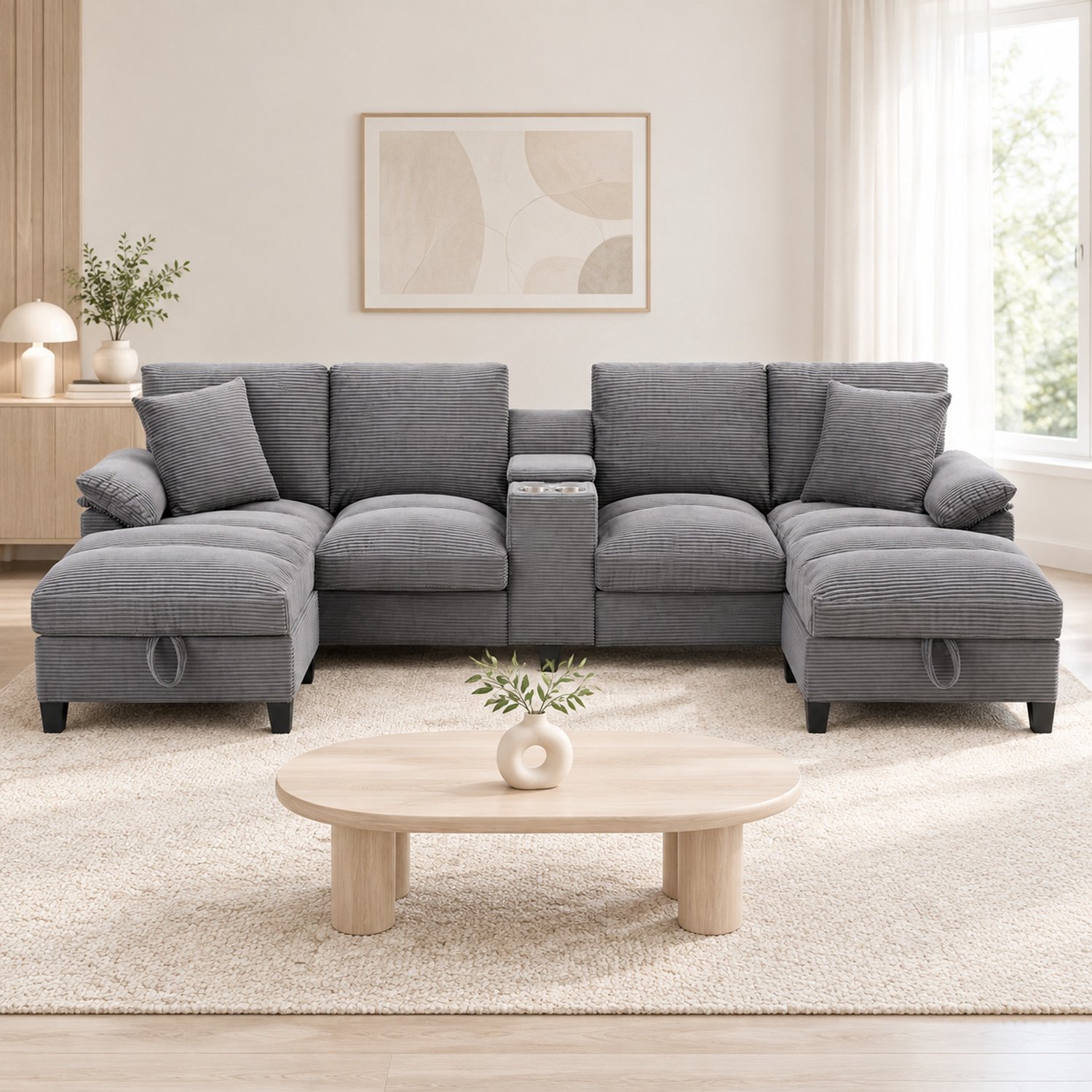 WUVRIE U-bank 293x142 cm - 4-zits met opbergruimte, 2 USB-aansluitingen en bekerhouder - Grijs