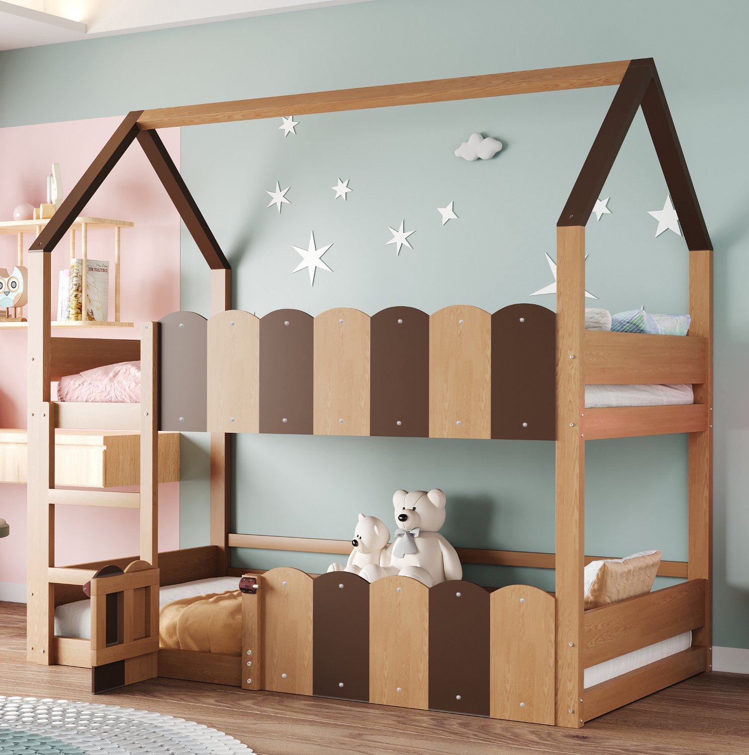 COVREO Stapelbed met huisdesign – 90x200 cm – Hoog laag bed met ladder – Kinderbed voor kamer – Houtkleur - zonder matras Natuurlijk hout