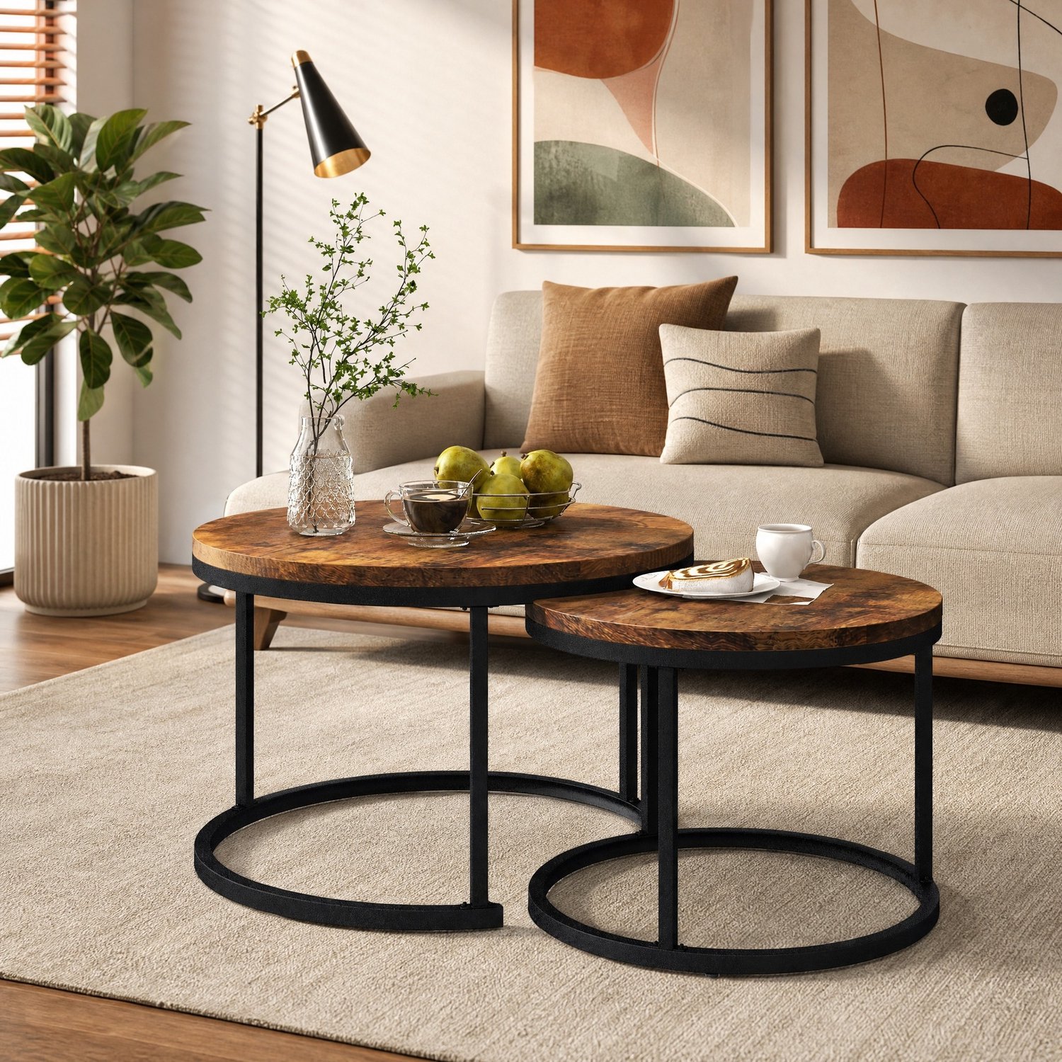 Ronde nestbare salontafelset 2-delig 50 x 70,5 cm - MDF/metaal, bruin