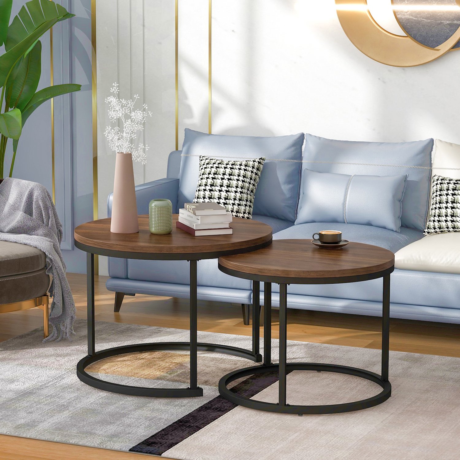 Ronde salontafelset van 2 - grootste Ø 70,5 cm - nestbaar - MDF - walnootkleur/zwart