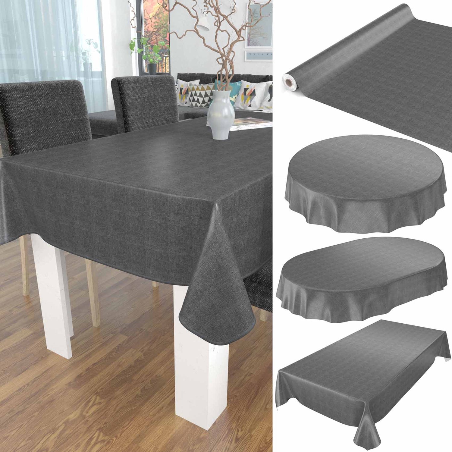 ANRO Tafelzeil op rol Linnenlook Grijs 140cm x 20m – Afwasbaar Tafelkleed Rechte rand Waterafstotend