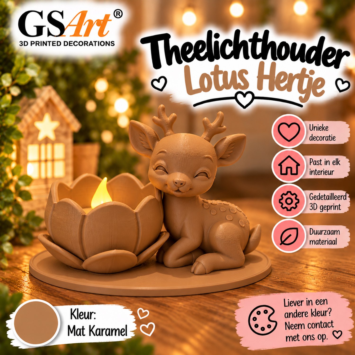 GSArt Theelichthouder Lotus Hertje – Inclusief LED Theelichtje – 3D Geprint - Mat Karamel