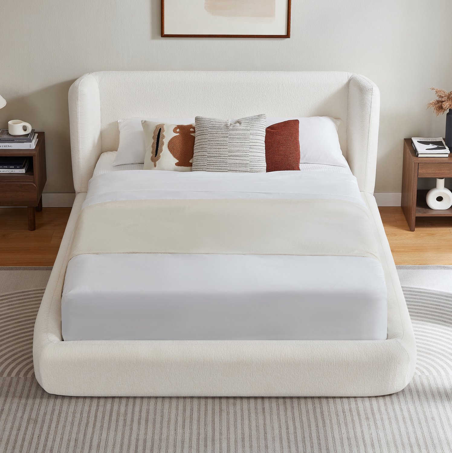 COVREO Bedframe met hoofdbord – 160x200 cm – Tweepersoonsbed staalframe – Slaapmeubel voor volwassenen – Crèmewit - zonder matras