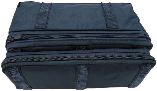 Donkerblauwe reistas van textiel met ritssluiting en verticale riemdetails.