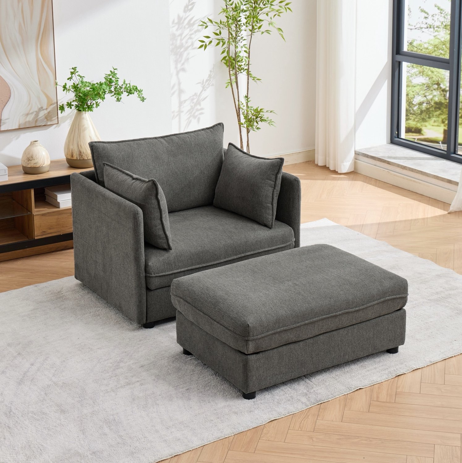 OKWISH Fauteuil 103,5 x 149 cm - Modulaire Loungestoel Met Opberghocker - Voor Woonkamer En Kleine Ruimtes - Fluweel - Grijs