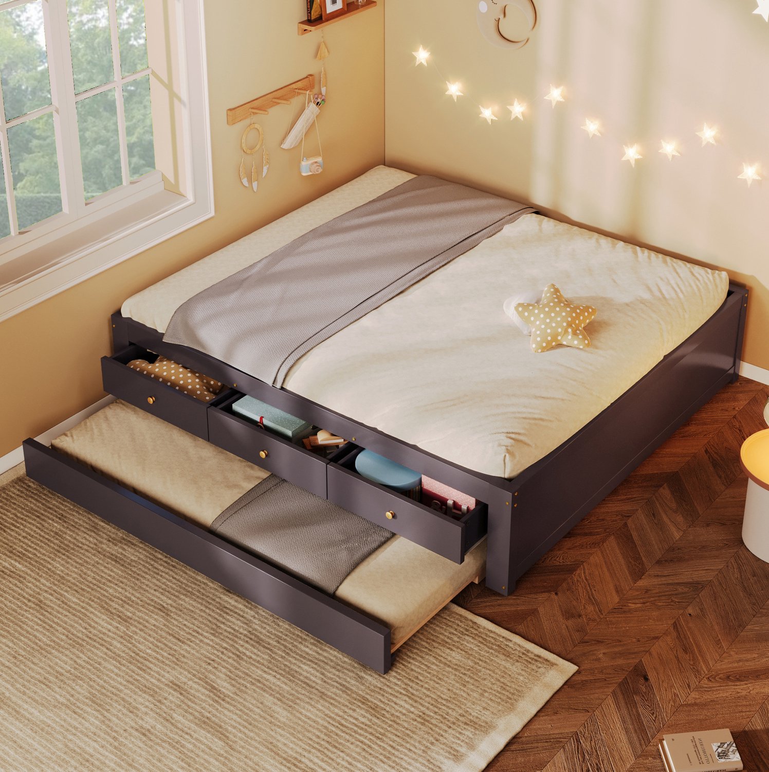 MODENUIT Bed – 140 x 200 cm – Met 3 Laden En Uitschuifbaar Logeerbed – Hout En MDF – Koffiebruin Coffee