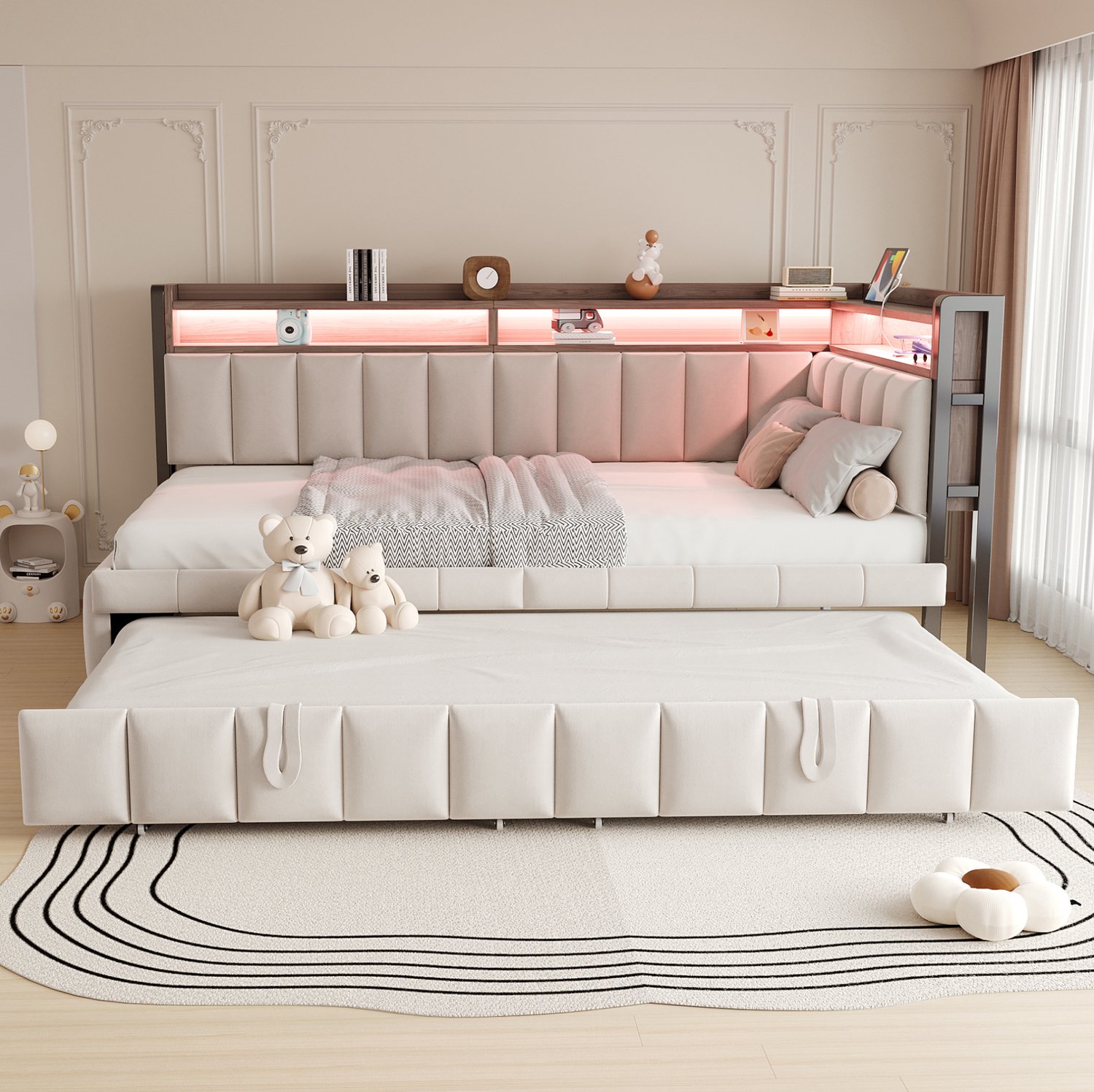 FloraGrace Slaapbank 90x200 cm - Uitschuifbed met Ledverlichting en USB C Opladen - Opbergruimte - Velours - Zonder Matras - Beige